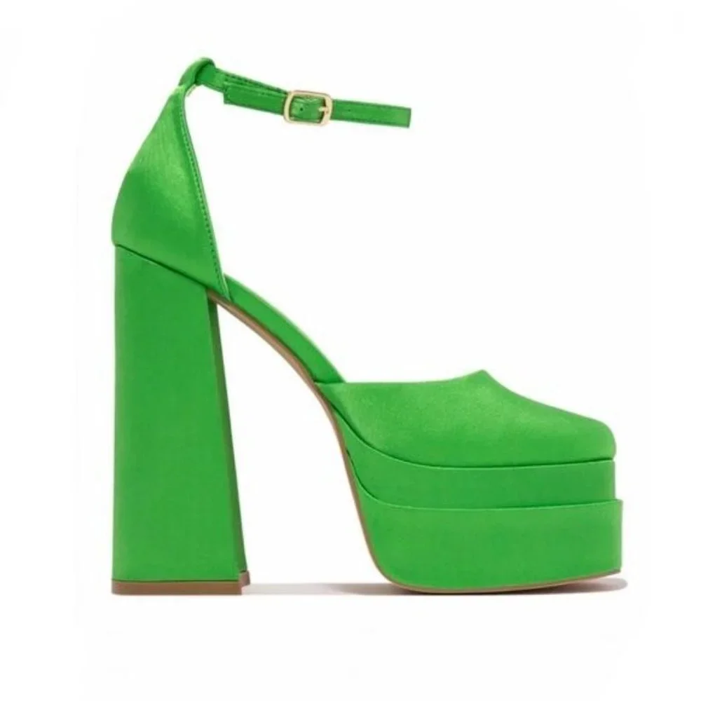 !! NEW !! Double Platform Block Ankle Strap Heels in Green - Picture 2 of 5